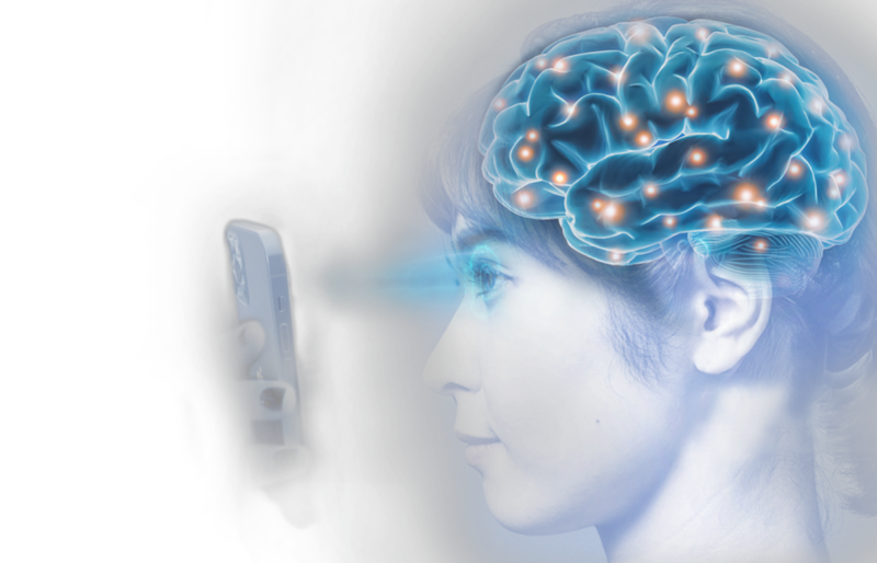 person looking into phone with brain